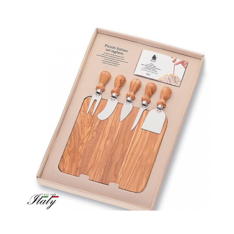 SET 5 COLTELLI FORMAGGIO MANICO ULIVO CON TAGLIERE 531