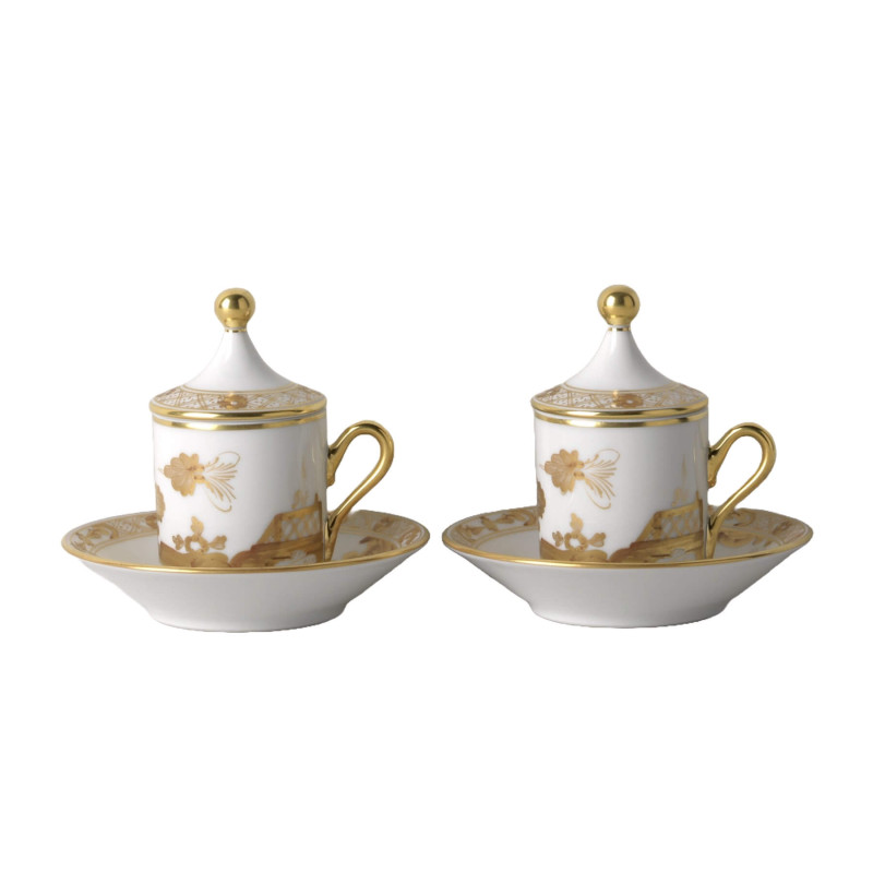 SET OF 2 COFFE CUPS, LIDS & SAUCER, ORIENTE ITALIANO