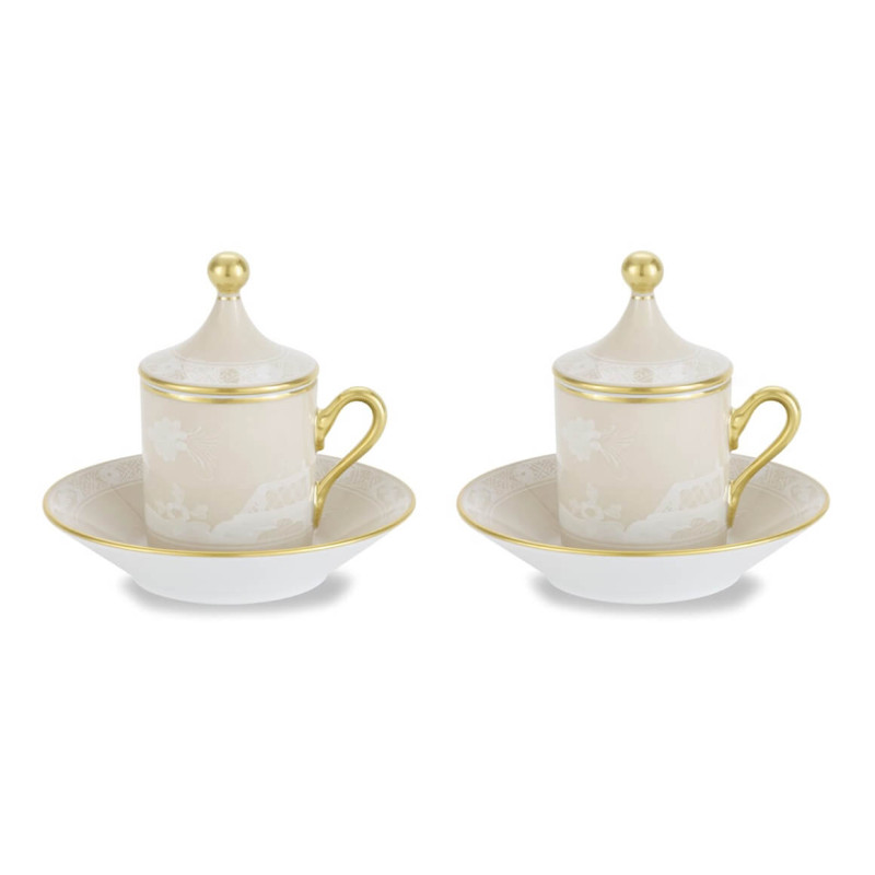 SET OF 2 COFFE CUPS, LIDS & SAUCER, ORIENTE ITALIANO